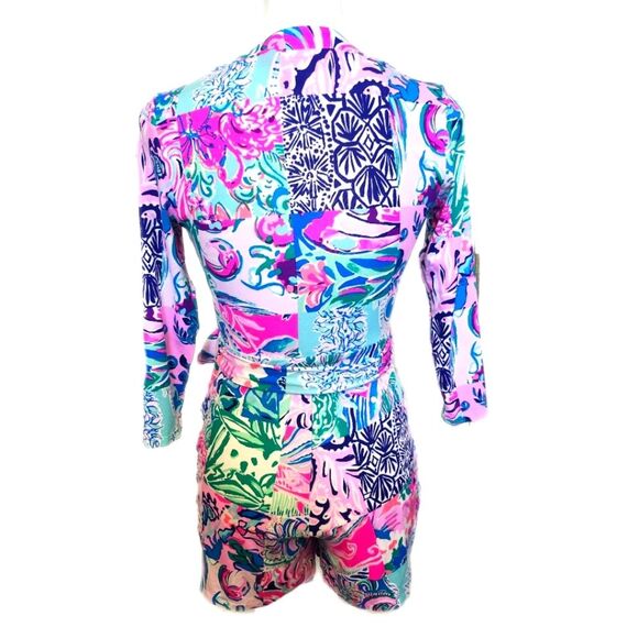 Lilly Pulitzer Karlie Wrap Romper, hot pink, aqua, blue, white, size XXS - Picture 3 of 11
